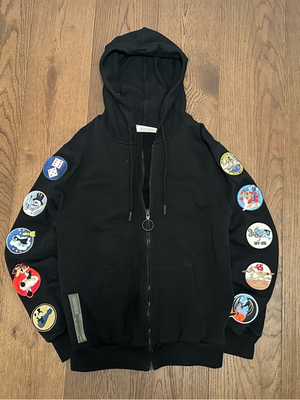 Authentic Off-White c/o Virgil Abloh, black multi-patch zip-up hoodie